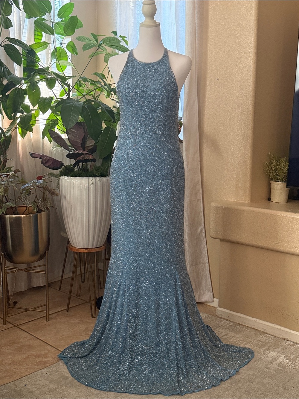 Sean Collection Shimmer Halter Mermaid Dress in Dusty Blue